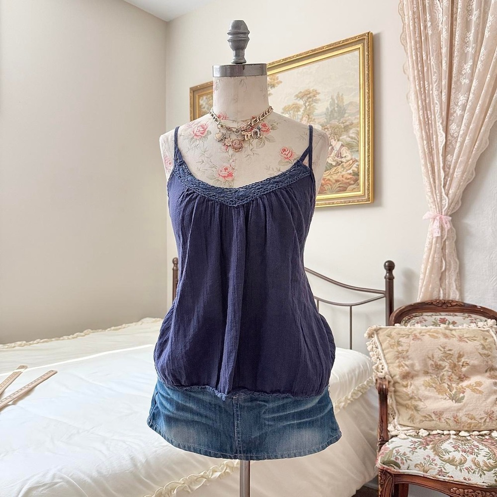 Boho Crochet Cami Top Y2K Sugar 17 size XL navy blue cami top